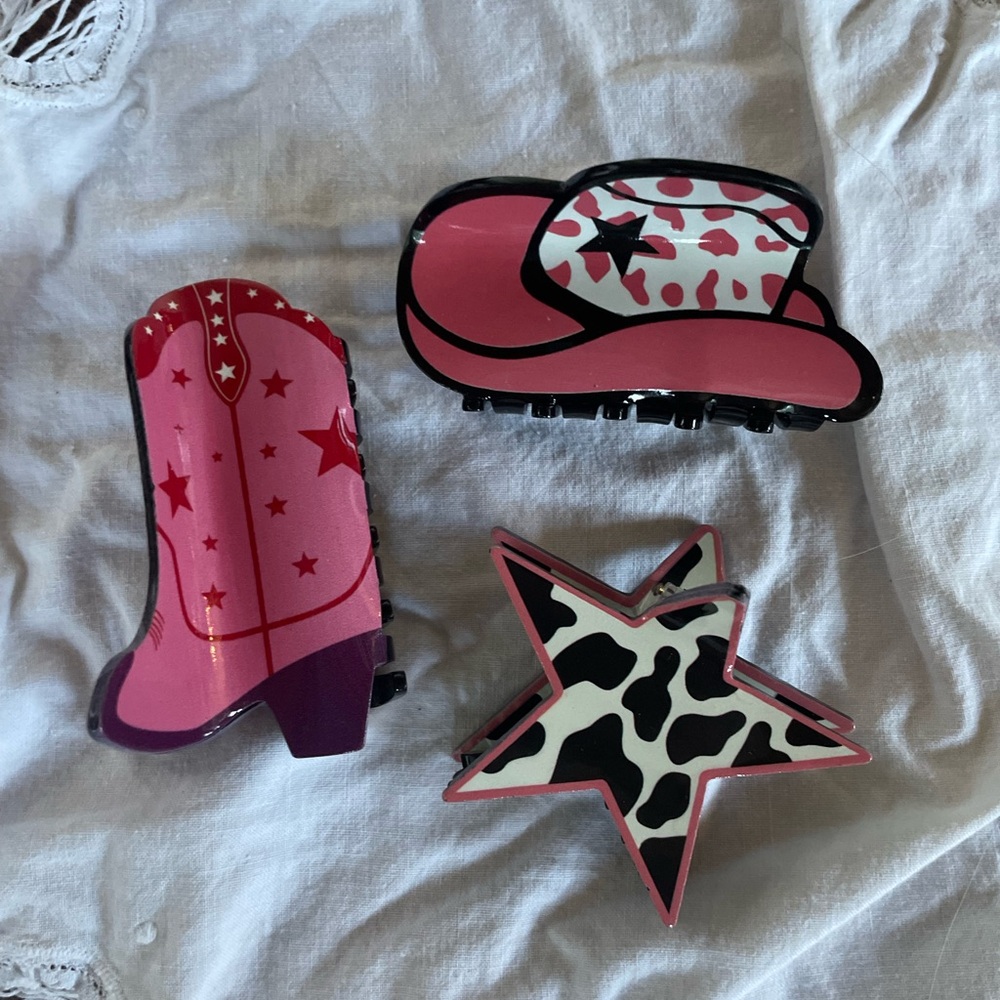 Pink Western Hat & Boot Hair Clips Set - Stylish Star & Cow Print Accents